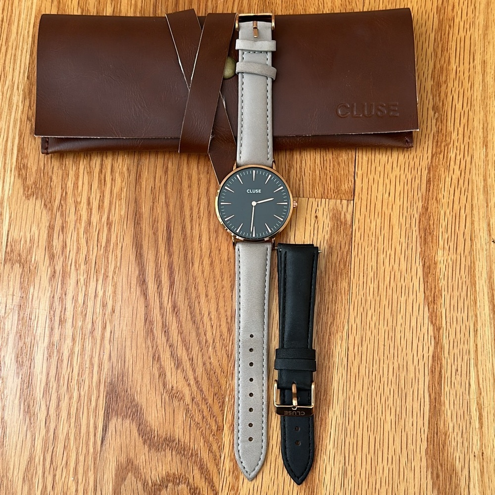 CLUSE NEW Watch Black w/Rose Gold Tone & Leather Straps & Case